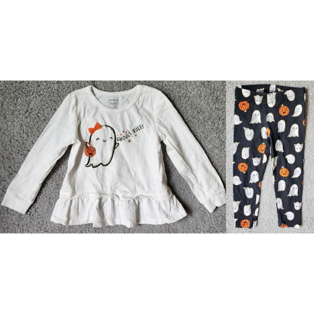 Carters Toddler Girls 2 Piece Outfit Set Ruffle Top/Leggings "Ghouls Rule" Sz 2T